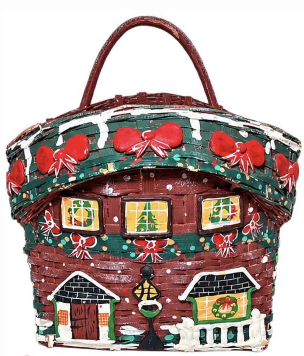 Vintage Style Christmas Cottage Wicker Basket Hand Painted Holiday Decor 11.5”